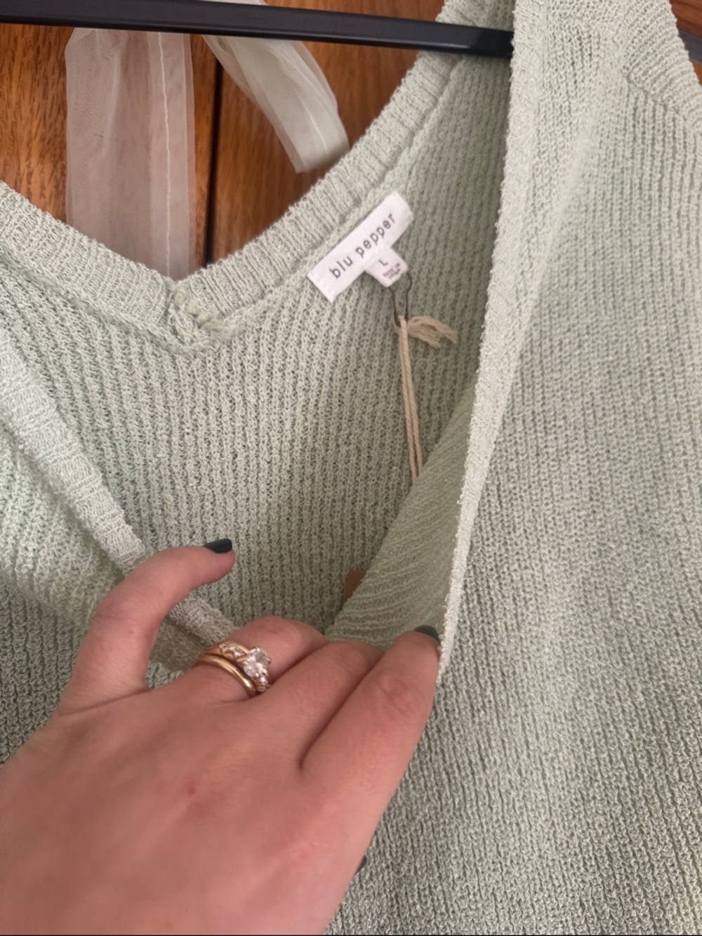 Boutique Blu Pepper Light Sage Green Short Sleeve Knit Top with Back Tie - Picture 3 of 4
